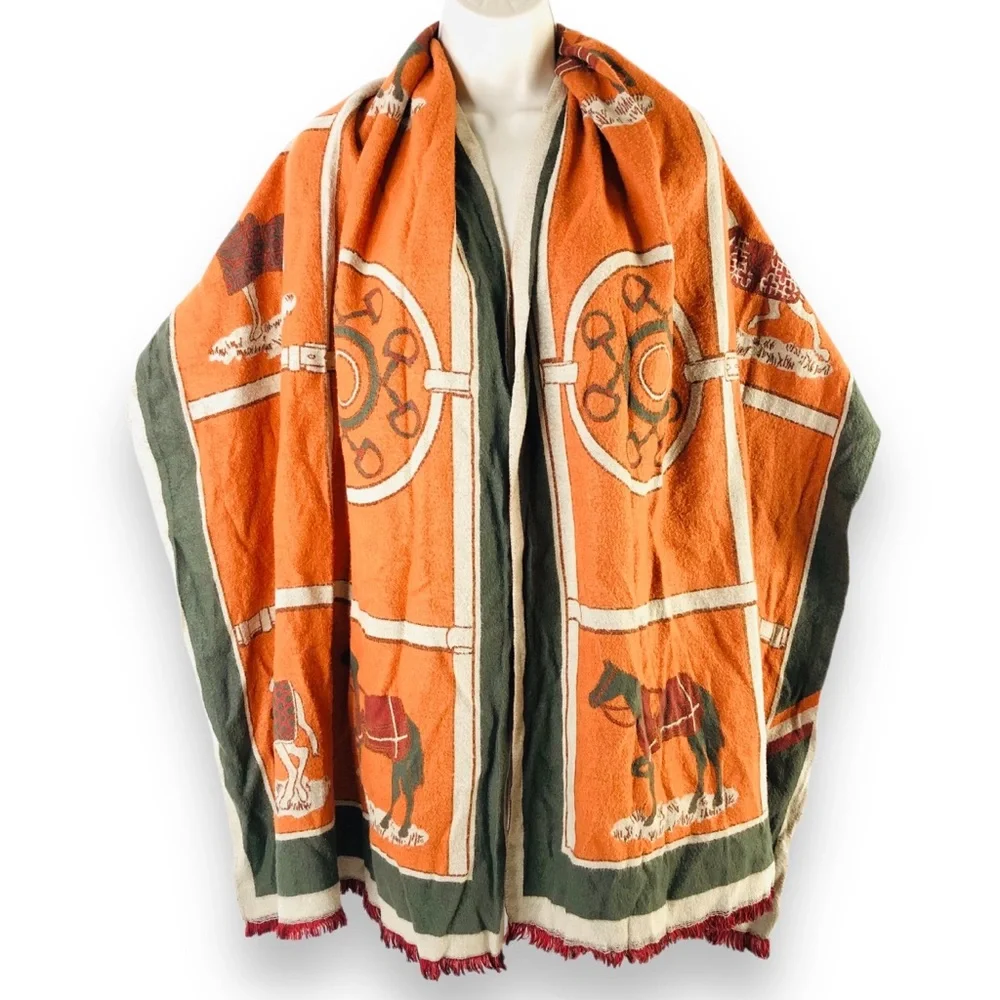 Large Equestrian Novelty Luxury Scarf Shawl Horse Orange Green Fall Autumn Wrap